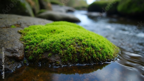 Tranquil stream with moss covered rock