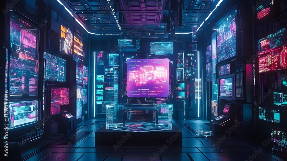 4. A visually striking 3D image of a sci-fi product showcase on a podium surrounded by holographic projections and digital screens, set in a neon-lit cyberpunk world 4. A visually striking 3D image of a sci-fi product showcase on a podium surrounded by holographic projections and digital screens, set in a neon-lit cyberpunk world