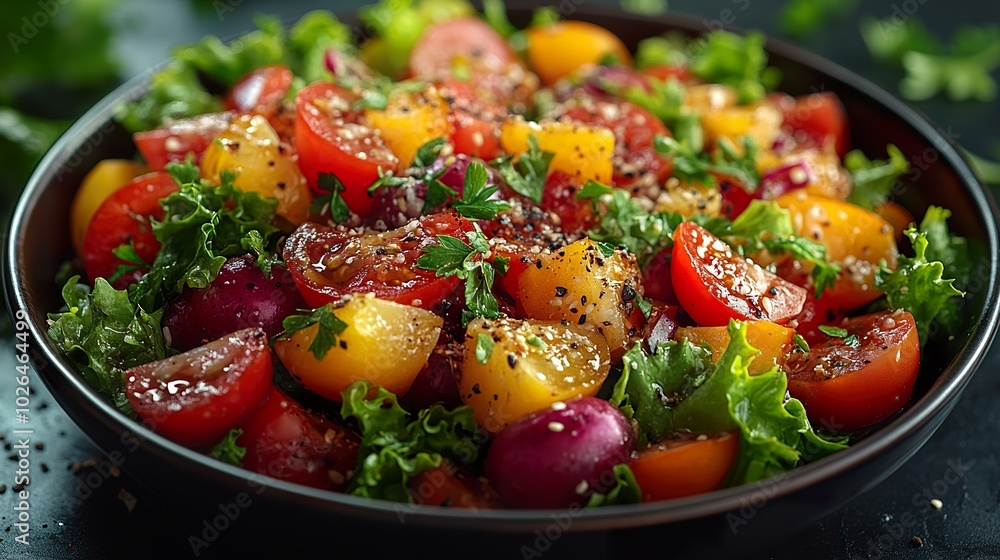 Vibrant Salad with Textures on Black Background: Perfect for Healthy Eating Content Vibrant Salad with Textures on Black Background: Perfect for Healthy Eating Content