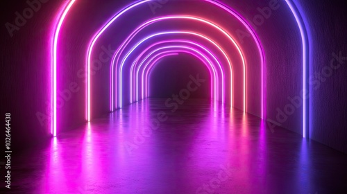 Abstract neon tunnel with pink and blue glowing archways in a dark room.