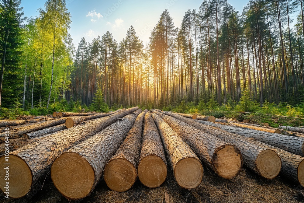 Sunlit forest with cut logs, showcasing timber harvesting and nature. Sunlit forest with cut logs, showcasing timber harvesting and nature.