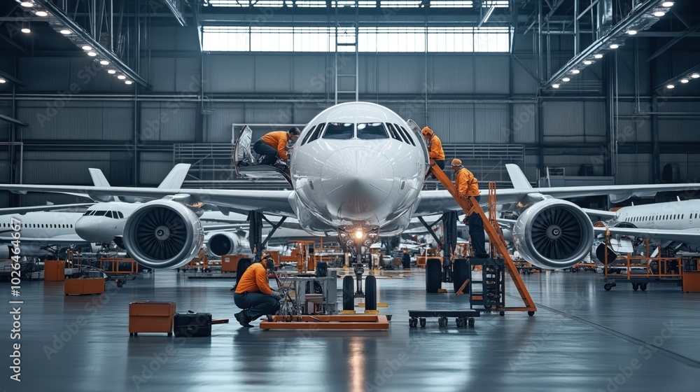 Aircraft maintenance team conducting inspections in a large hangar, technicians on ladders and equipment surrounding a commercial airliner, focus on teamwork. Aircraft maintenance team conducting inspections in a large hangar, technicians on ladders and equipment surrounding a commercial airliner, focus on teamwork.