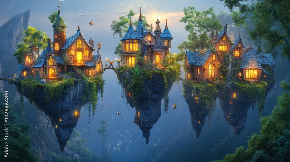 A magical floating village with whimsical homes illuminated at dusk. A magical floating village with whimsical homes illuminated at dusk.