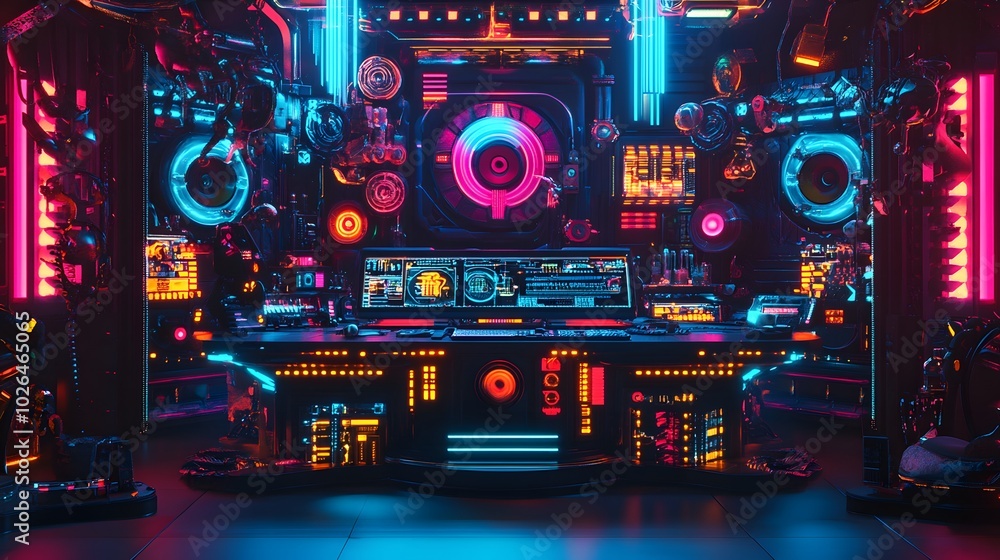 5. A captivating 3D rendering of a cyberpunk-themed podium display, complete with intricate lighting, mechanical components, and a dramatic background that enhances the sci-fi vibe 5. A captivating 3D rendering of a cyberpunk-themed podium display, complete with intricate lighting, mechanical components, and a dramatic background that enhances the sci-fi vibe
