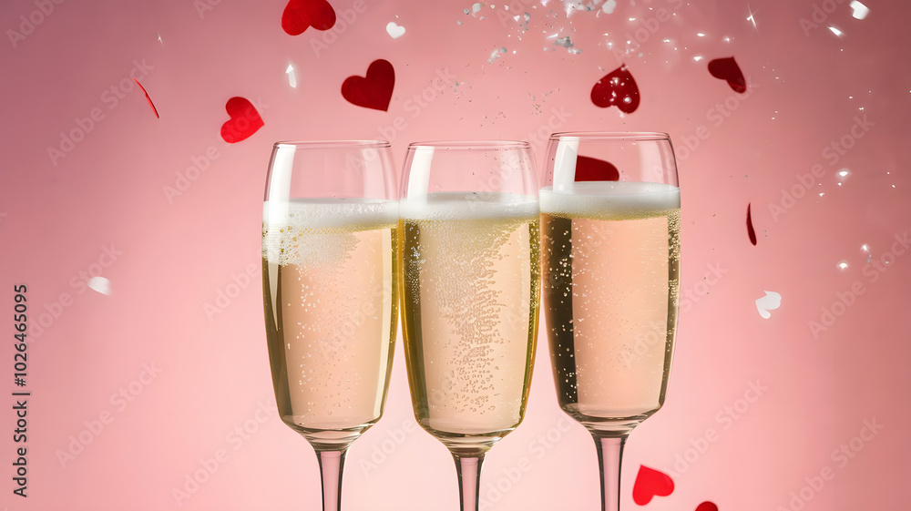 Romantic Champagne Toast: Three champagne flutes filled to the brim, amidst a flurry of celebratory hearts and confetti, set against a soft pink backdrop. Perfect for Valentine's Day, anniversaries. Romantic Champagne Toast: Three champagne flutes filled to the brim, amidst a flurry of celebratory hearts and confetti, set against a soft pink backdrop. Perfect for Valentine's Day, anniversaries.