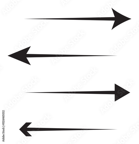 Straight long arrows pointing to the right. Vector black thick, thin and dashed line arrow glyphs with bold arrowheads. Isolated oblong pictograms for orientation and navigation, moving forward signs