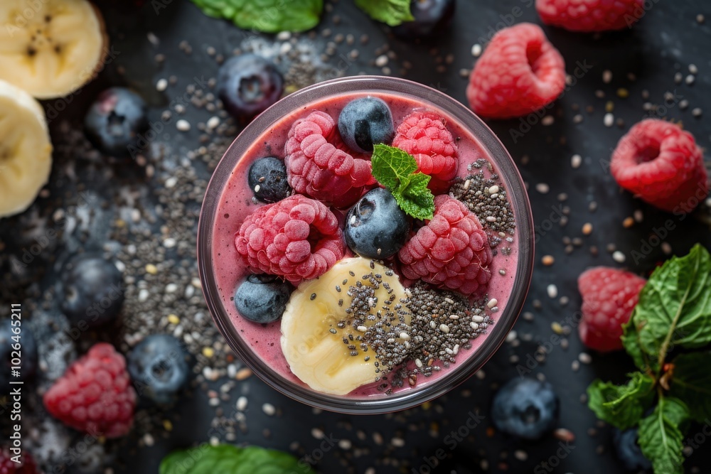 A healthy breakfast or snack option, this image showcases a delicious smoothie topped with fresh berries, bananas, and chia seeds A healthy breakfast or snack option, this image showcases a delicious smoothie topped with fresh berries, bananas, and chia seeds