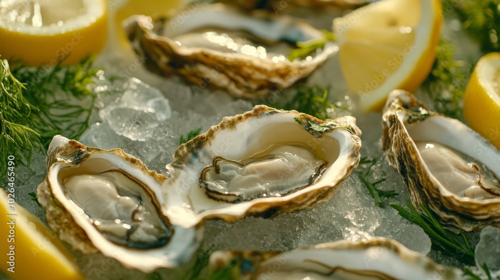 Fresh Oysters on Ice with Lemon and Dill Garnish Fresh Oysters on Ice with Lemon and Dill Garnish