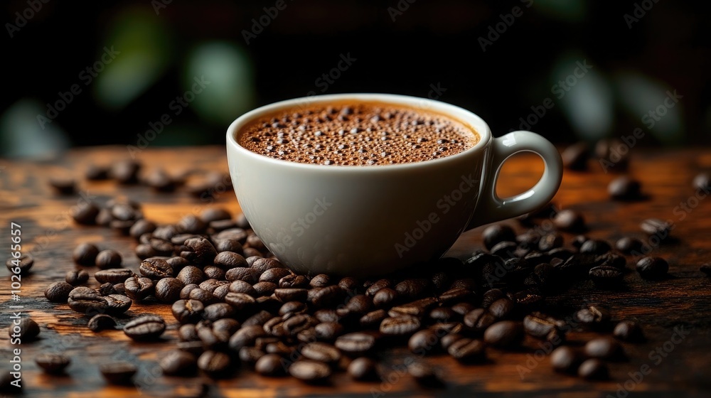Cup of Coffee with Coffee Beans on a Wooden Table Cup of Coffee with Coffee Beans on a Wooden Table