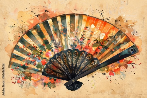 Watercolor Illustration of a Vintage Japanese Fan photo