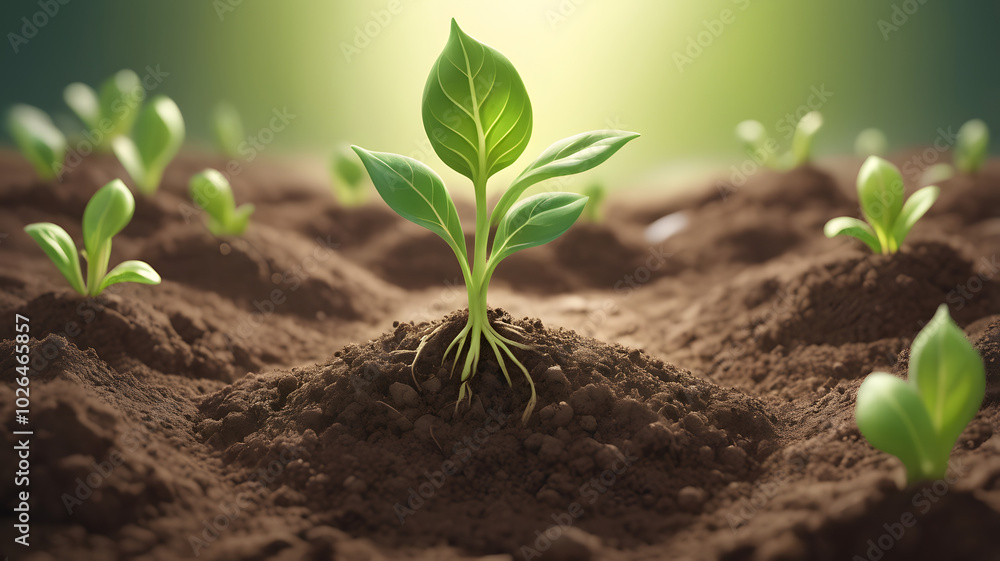 New Growth: A cluster of delicate green seedlings emerge from the fertile soil, their roots anchoring them firmly as they reach for the sun, symbolizing the promise of new beginnings and potential. New Growth: A cluster of delicate green seedlings emerge from the fertile soil, their roots anchoring them firmly as they reach for the sun, symbolizing the promise of new beginnings and potential.