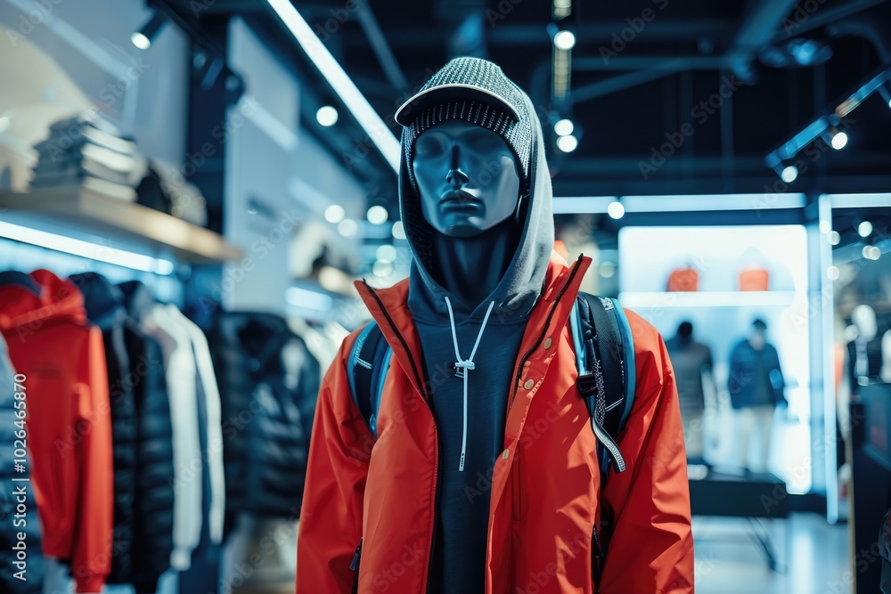 A mannequin dressed in a red jacket and hat, perfect for fashion or lifestyle images A mannequin dressed in a red jacket and hat, perfect for fashion or lifestyle images
