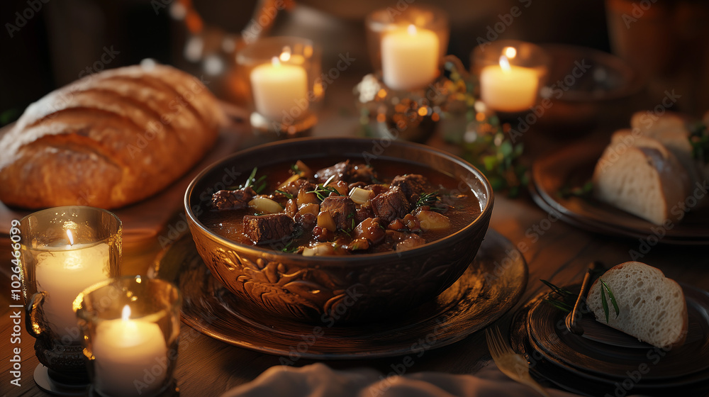 Hearty beef stew in rustic setting with bread and candles Hearty beef stew in rustic setting with bread and candles