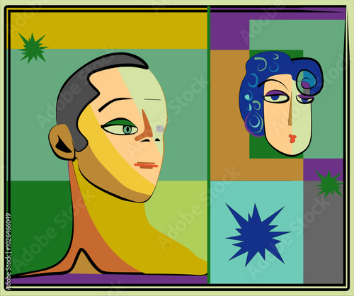 Two stylized faces are portrayed in a geometric composition with vibrant colors and sharp angles. The left figure features a prominent profile, while the right face appears smaller 