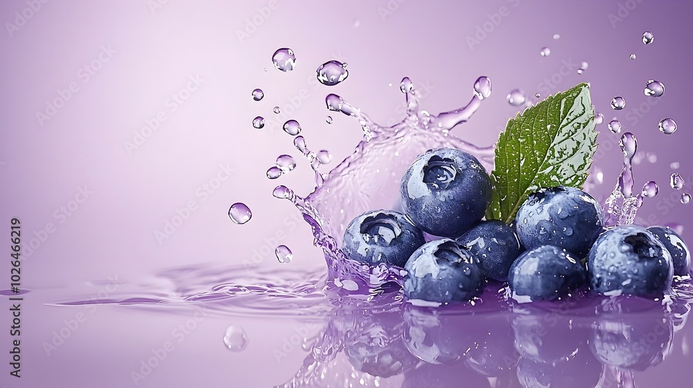 Vibrant Blueberries Splashing in Water on Purple Background - Refreshing Cool Tones with Dynamic Water Droplets and Highlights Vibrant Blueberries Splashing in Water on Purple Background - Refreshing Cool Tones with Dynamic Water Droplets and Highlights