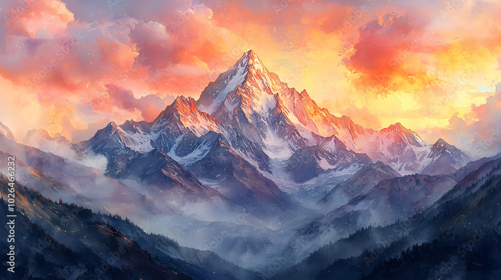 Soft Watercolor Sunrise Over Mountain Range Soft Watercolor Sunrise Over Mountain Range