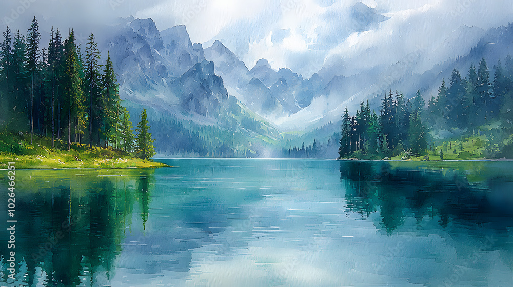 Serene Watercolor Mountain Lake with Reflections Serene Watercolor Mountain Lake with Reflections
