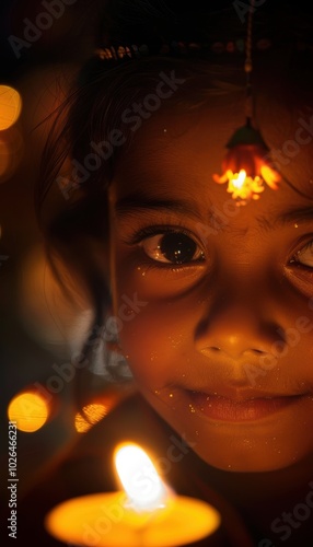 Nepali Child's Face Illuminated by Oil Lamp During Tihar Celebrations