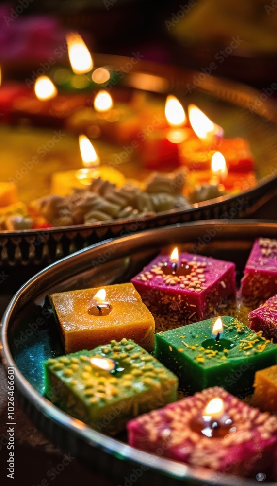 Vibrant Sikh Sweets and Lit Oil Lamps for Bandi Chhor Divas Celebration Vibrant Sikh Sweets and Lit Oil Lamps for Bandi Chhor Divas Celebration
