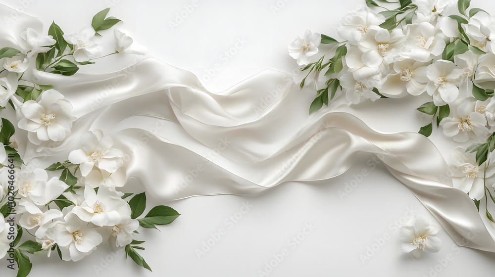 4. A feminine wedding desktop mockup featuring clusters of delicate white flowers, soft green leaves, and a flowing satin ribbon, all set against a white backdrop with empty space for customization 4. A feminine wedding desktop mockup featuring clusters of delicate white flowers, soft green leaves, and a flowing satin ribbon, all set against a white backdrop with empty space for customization