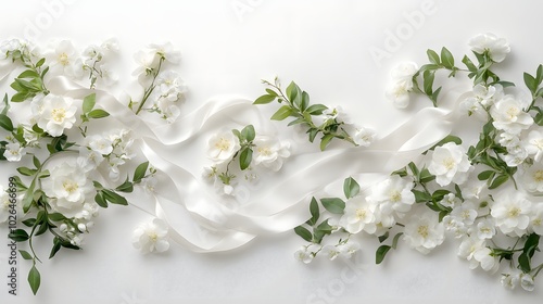 4. A feminine wedding desktop mockup featuring clusters of delicate white flowers, soft green leaves, and a flowing satin ribbon, all set against a white backdrop with empty space for customization