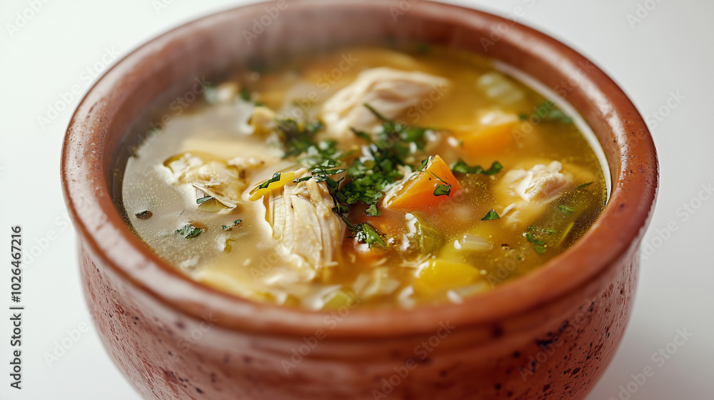 Chicken and vegetable soup in a rustic clay bowl Chicken and vegetable soup in a rustic clay bowl