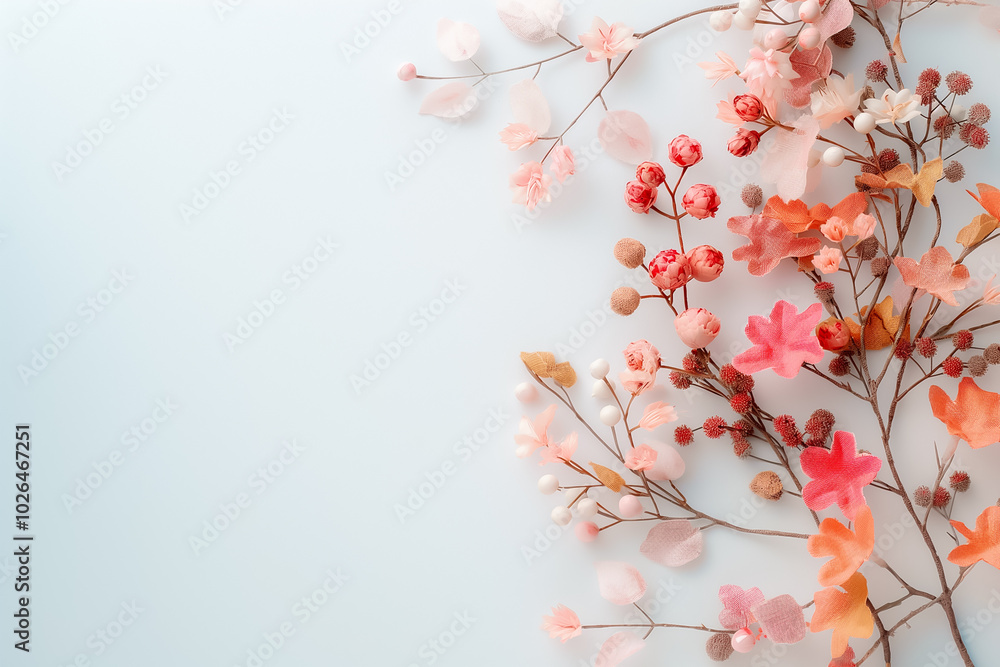 Fototapeta premium A beautiful collection of autumn-inspired leaves and blossoms lies gracefully on a soft white background, showcasing the essence of seasonal change and natures artistry