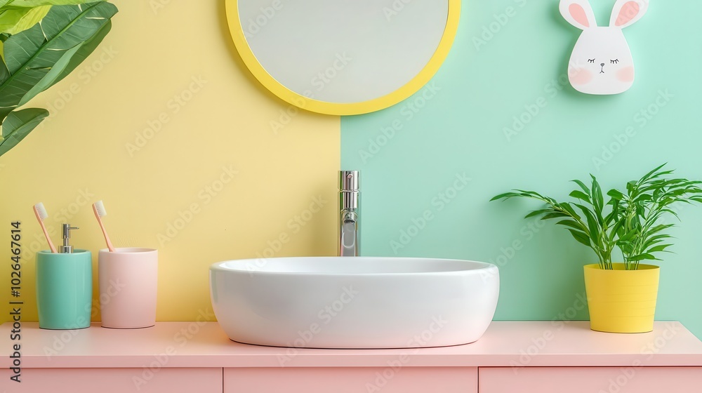 Playful kids bathroom with soft pastel tones, a low sink, and fun animal decals on the walls, bright design, kids bathroom Playful kids bathroom with soft pastel tones, a low sink, and fun animal decals on the walls, bright design, kids bathroom