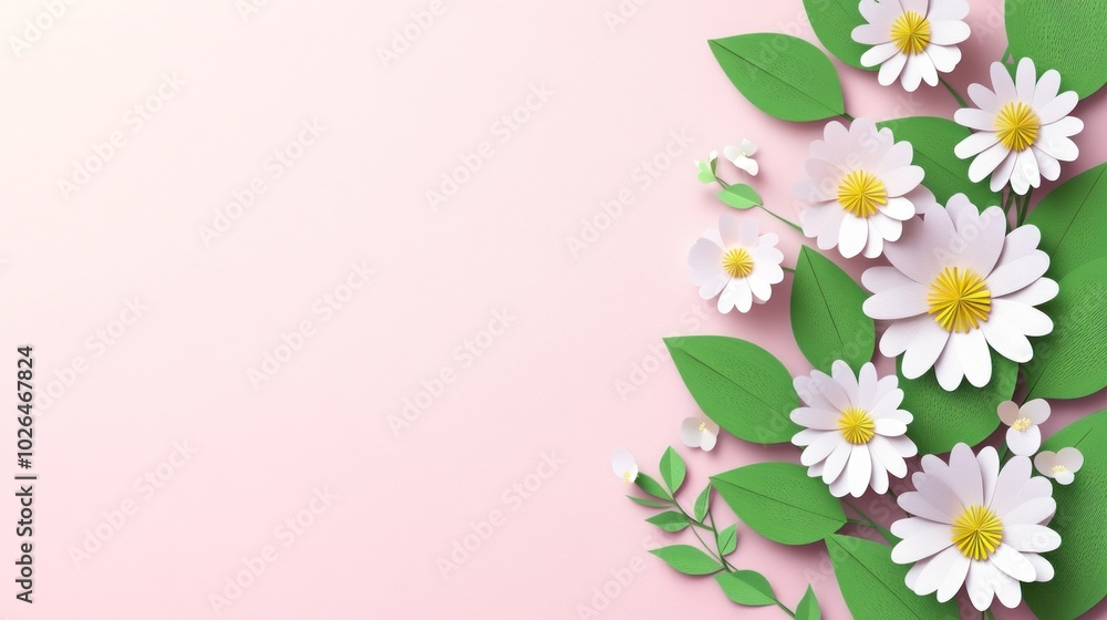 A floral arrangement featuring daisies and leaves on a soft pink background. A floral arrangement featuring daisies and leaves on a soft pink background.