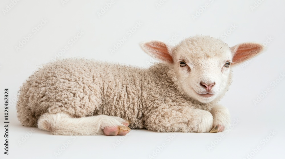 Fototapeta premium Light brown baby sheep isolated on a white background in a studio setting, showing off its soft wool and innocent expression.