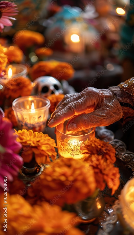 Día de los Muertos: Elderly Hand Lighting Candle on Vibrant Altar with Marigolds and Sugar Skulls Día de los Muertos: Elderly Hand Lighting Candle on Vibrant Altar with Marigolds and Sugar Skulls