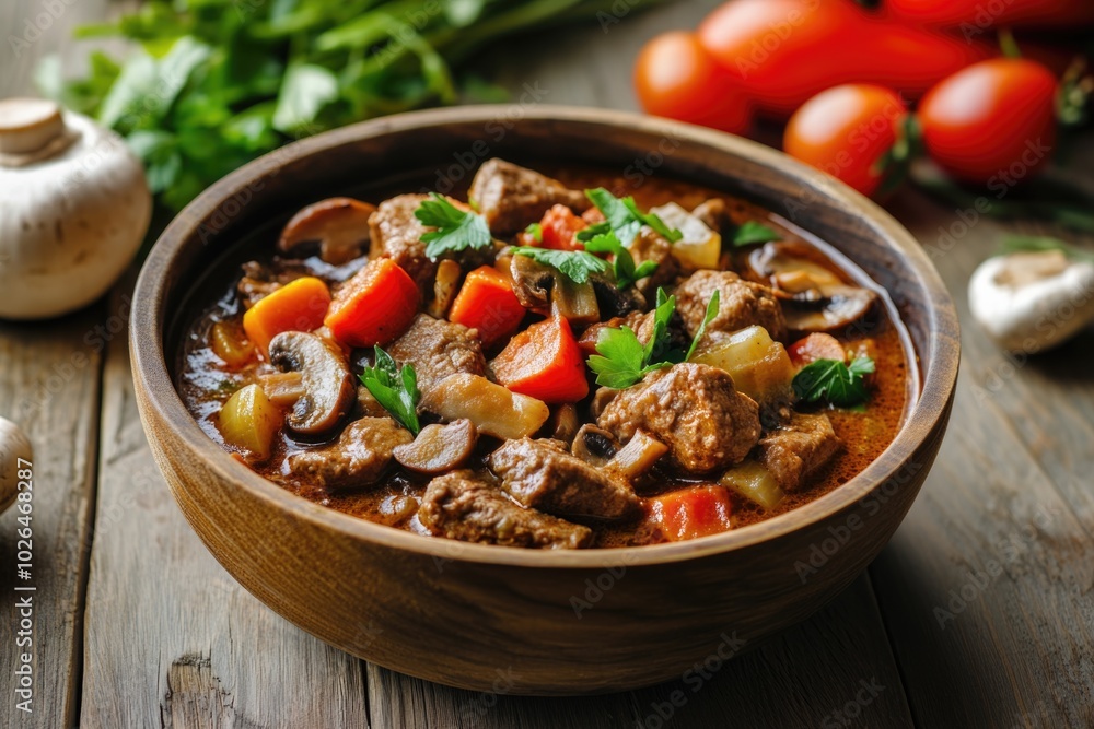 A traditional wooden bowl filled with juicy meat and various vegetables, perfect for a rustic meal or outdoor gathering A traditional wooden bowl filled with juicy meat and various vegetables, perfect for a rustic meal or outdoor gathering