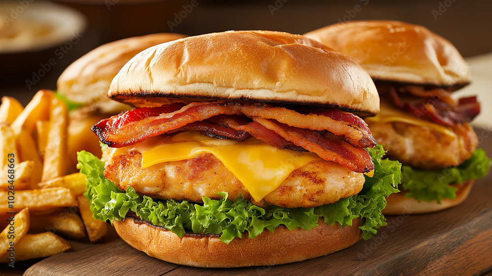Delicious chicken burger with bacon and cheese, served with fries Delicious chicken burger with bacon and cheese, served with fries