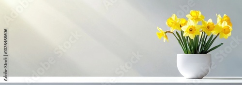 A bright arrangement of yellow daffodils in a white pot on a minimalist shelf.