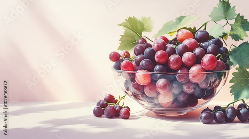 A Glass Bowl Filled with Red Grapes and a Single Branch of Grapes on a Pink Surface