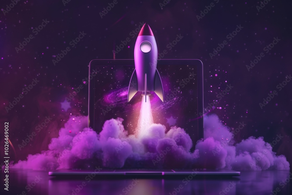 A rocket blasting off from a laptop, possibly a sci-fi concept or futuristic technology A rocket blasting off from a laptop, possibly a sci-fi concept or futuristic technology