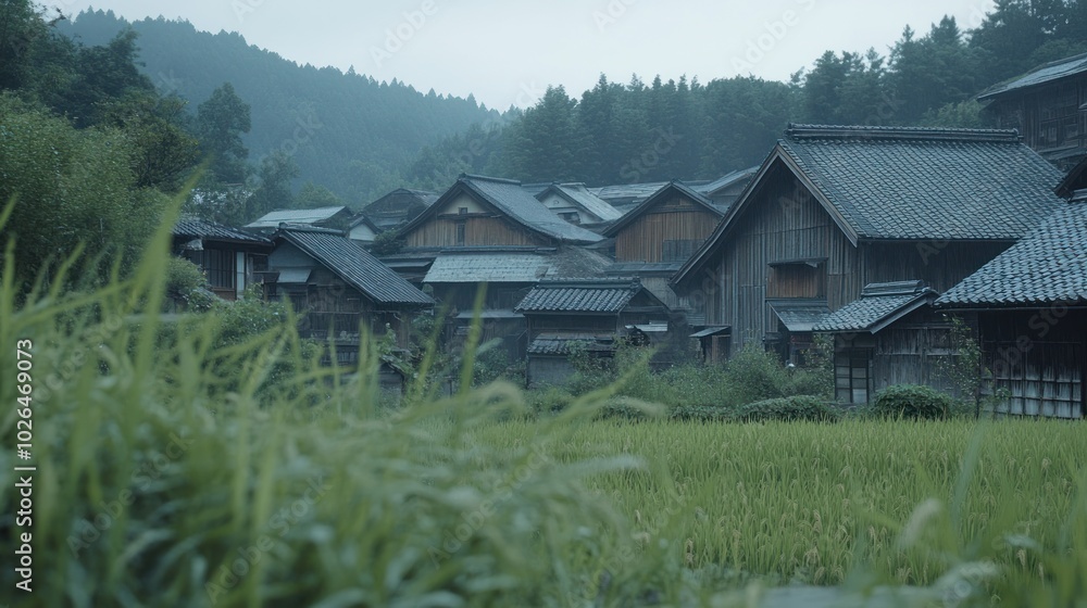 A serene village scene with traditional wooden houses amidst lush green fields. A serene village scene with traditional wooden houses amidst lush green fields.