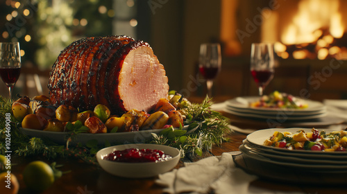Festive table with roasted ham and seasonal side dishes