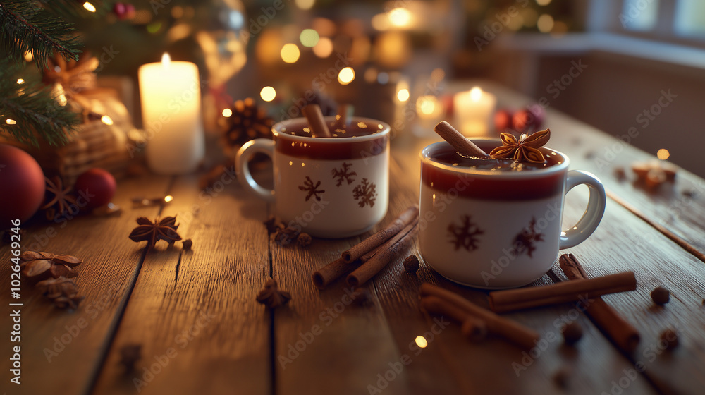 Mulled wine in festive mugs with cinnamon sticks on wooden table Mulled wine in festive mugs with cinnamon sticks on wooden table