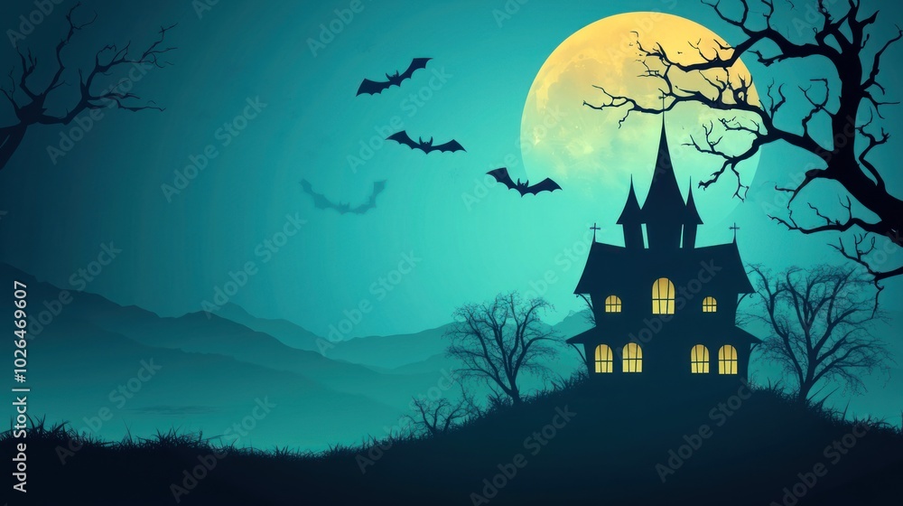 A spooky landscape featuring a haunted house, bats, and a full moon in a dark atmosphere. A spooky landscape featuring a haunted house, bats, and a full moon in a dark atmosphere.