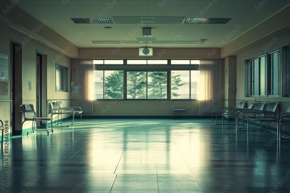 A long corridor with rows of chairs and a clock ticking away, suitable for educational or corporate settings A long corridor with rows of chairs and a clock ticking away, suitable for educational or corporate settings
