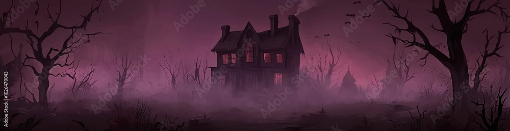 A spooky, misty landscape featuring a haunted house surrounded by bare trees. A spooky, misty landscape featuring a haunted house surrounded by bare trees.