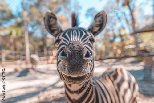 Close-up shot of a zebra looking directly at the camera photo