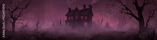 A spooky, misty landscape featuring a haunted house surrounded by bare trees.