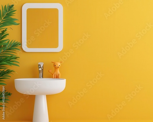 Colorful kids bathroom with a low sink, fun animal decals, and childfriendly fixtures, playful design, bright bathroom photo