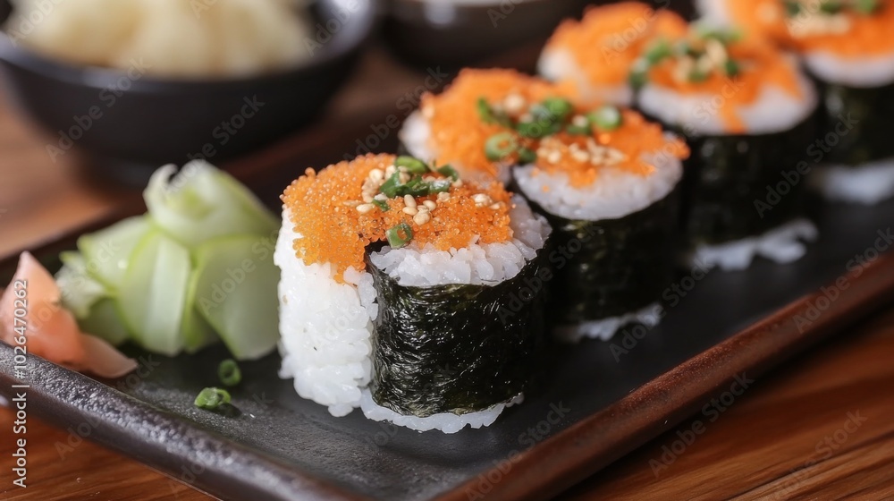 Fresh Sushi Rolls with Toppings on a Plate Fresh Sushi Rolls with Toppings on a Plate