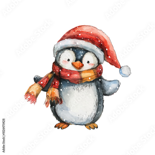 christmas penguin vector illustration in watercolor style