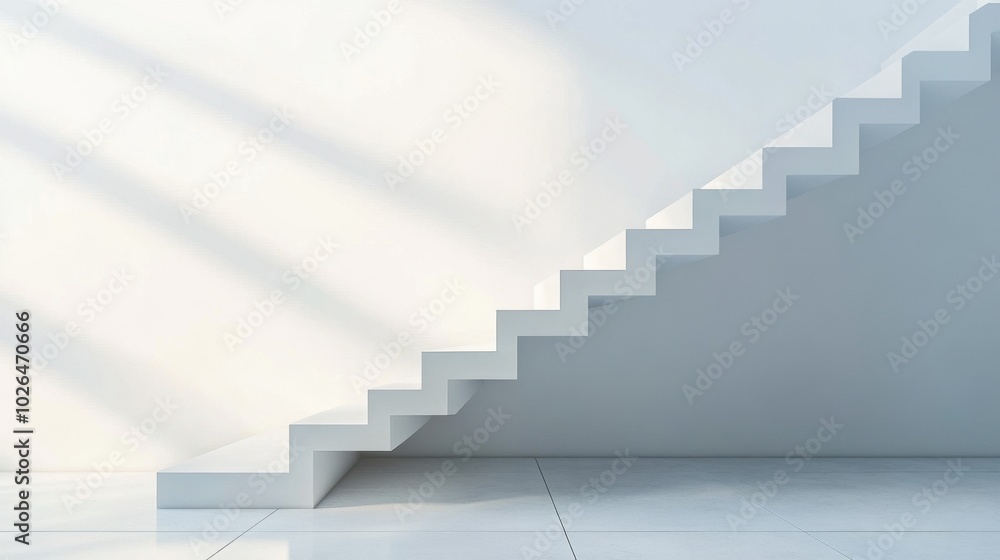 Side view of a sleek, white stairway with minimal design and a hint of green under natural light, showcasing modern architecture. Side view of a sleek, white stairway with minimal design and a hint of green under natural light, showcasing modern architecture.