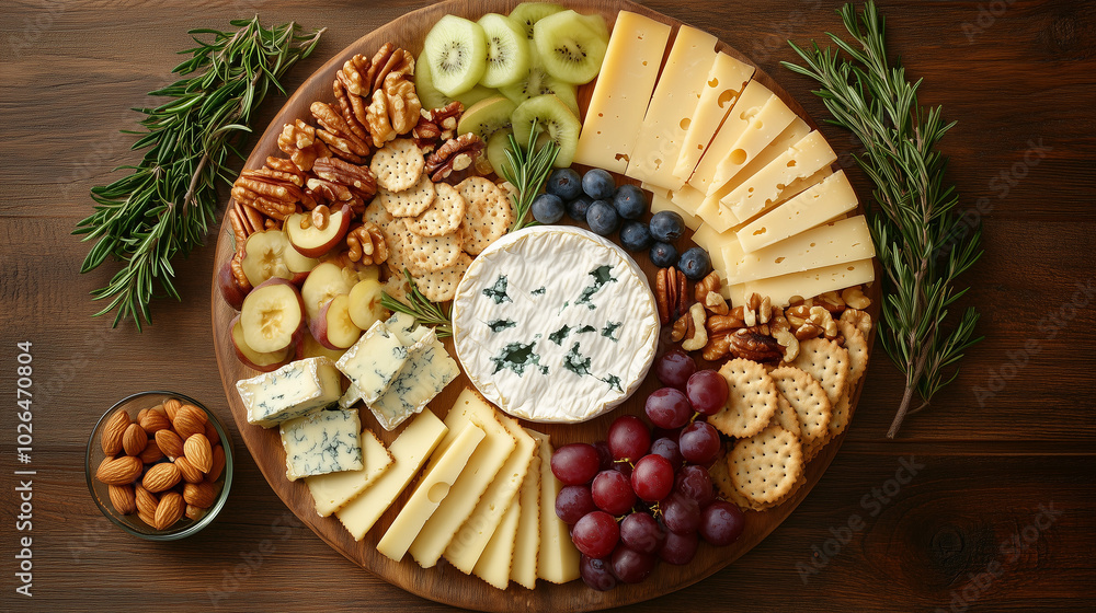 Fototapeta premium Gourmet cheese platter with fruits, nuts, and crackers on wooden board