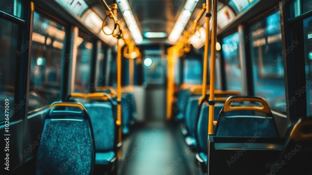 Fototapeta premium Sleek bus interior with empty seats, reflecting a modern, comfortable design ideal for urban public transportation and commuting.